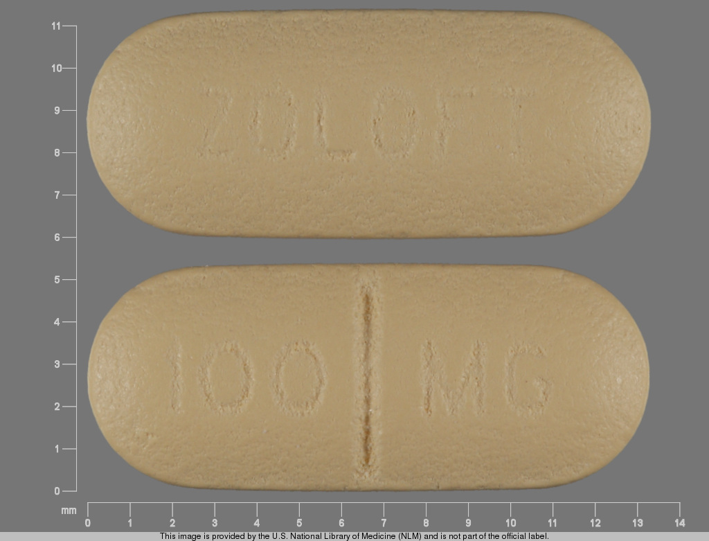 Yellow Oval pill with imprint ZOLOFT;100;mg — Zoloft Sertraline hydrochloride 100 mg; (view 2)