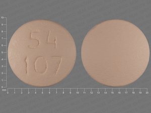 Brown Round pill with imprint 54;107 — Lithium carbonate Lithium carbonate 300 mg; (view 3)