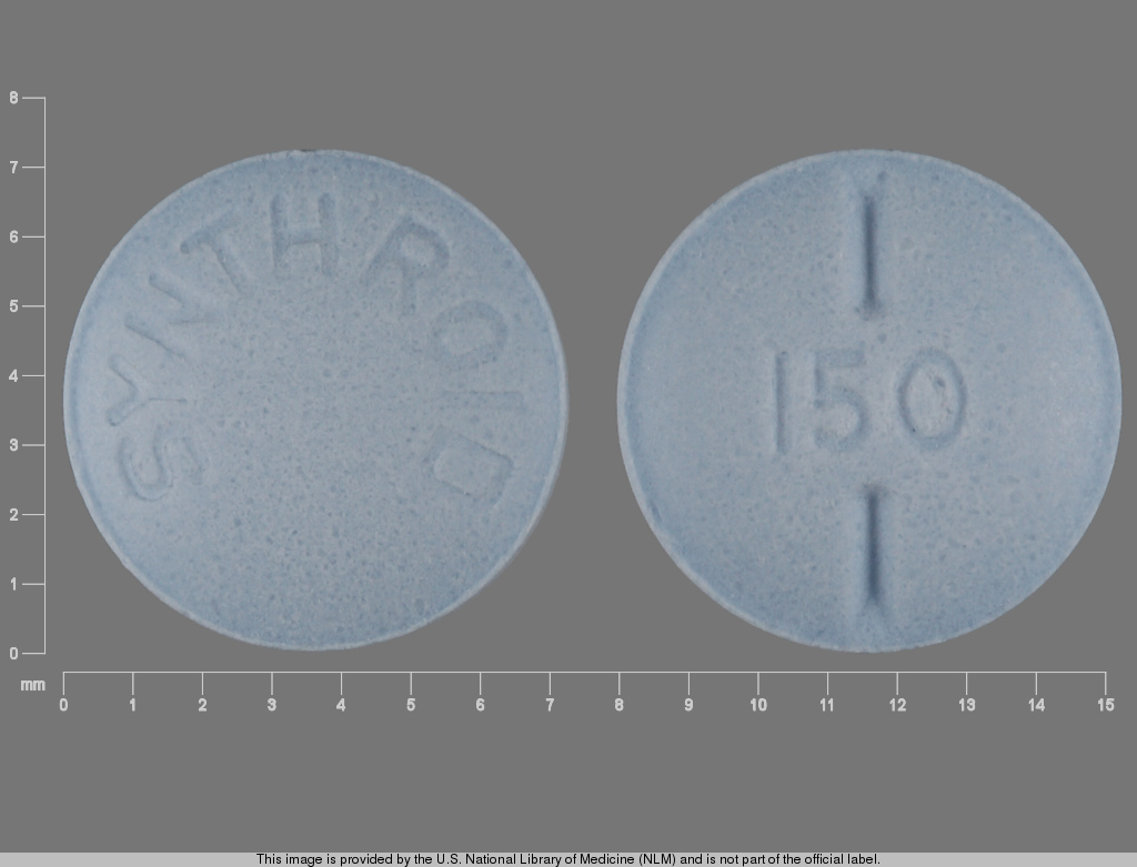 Blue Round pill with imprint SYNTHROID;150 — Synthroid Levothyroxine sodium 150 ug; (view 2)