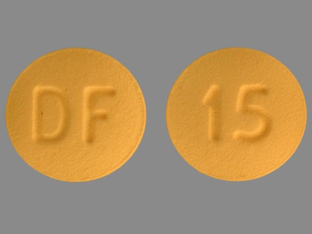 Orange Round pill with imprint DF;15 — Enablex Darifenacin hydrobromide 15 mg; (view 2)