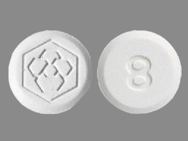 White Round pill with imprint 8 — Fanapt Iloperidone 8 mg; (view 2)