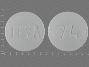White Round pill with imprint TEVA;74 — Zolpidem tartrate Zolpidem tartrate 10 mg; (view 2)