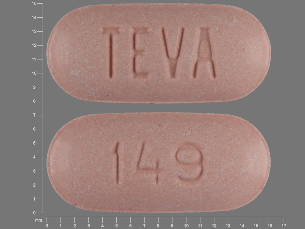 Red Oval pill with imprint TEVA;149 — Naproxen Naproxen 500 mg; (view 2)