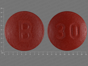 Yellow Round pill with imprint B;30 — Nifedipine 30 mg (view 3)