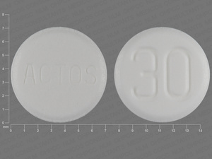 White Round pill with imprint ACTOS;30 — Pioglitazone Pioglitazone hydrochloride 30 mg; (view 3)