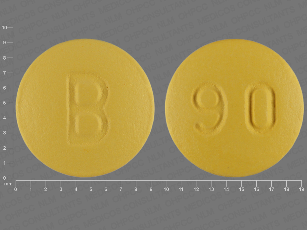 Yellow Round pill with imprint B;90 — Nifedipine 90 mg (view 2)