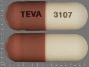 Brown;brown Capsule pill with imprint TEVA;3107 — Amoxicillin Amoxicillin 250 mg; (view 2)