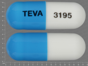 Blue;white Capsule pill with imprint TEVA;3195 — Ketoprofen Ketoprofen 75 mg; (view 3)