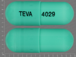 Green Capsule pill with imprint TEVA;4029 — Indomethacin Indomethacin 25 mg; (view 2)