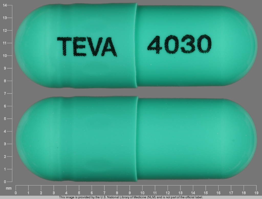 Green Capsule pill with imprint TEVA;4030 — Indomethacin 50 mg (view 2)