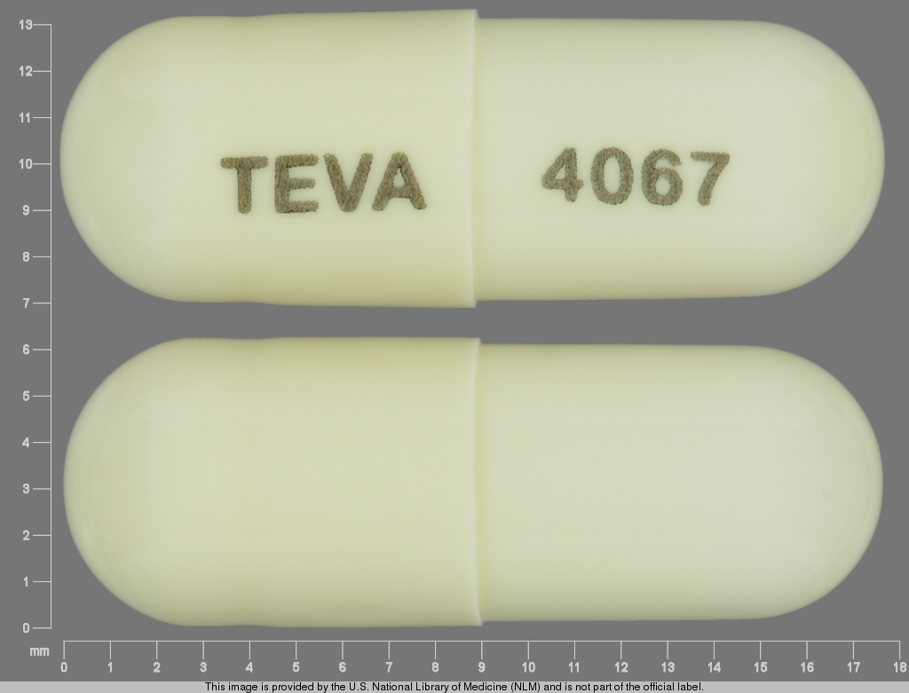 White Capsule pill with imprint TEVA;4067 — Prazosin hydrochloride Prazosin hydrochloride 1 mg; (view 2)