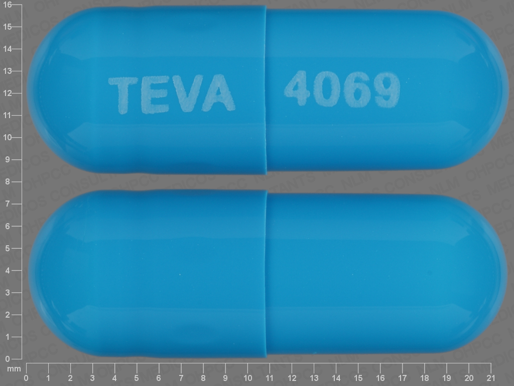 Blue Capsule pill with imprint TEVA;4069 — Prazosin hydrochloride Prazosin hydrochloride 5 mg; (view 2)