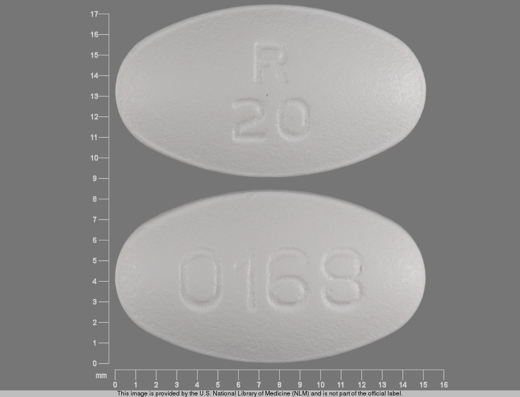 White Oval pill with imprint R20;0168 — Olanzapine Olanzapine 20 mg; (view 2)
