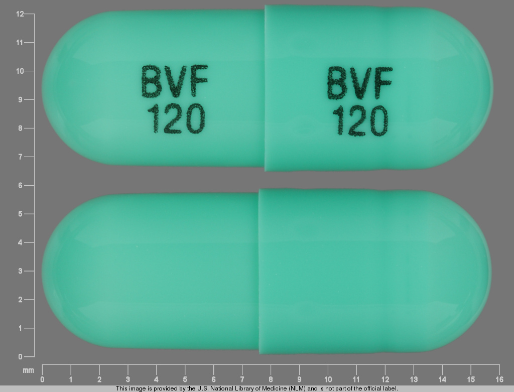 Green Capsule pill with imprint BVF;120;BVF;120 — Diltiazem hydrochloride 120 mg (view 2)