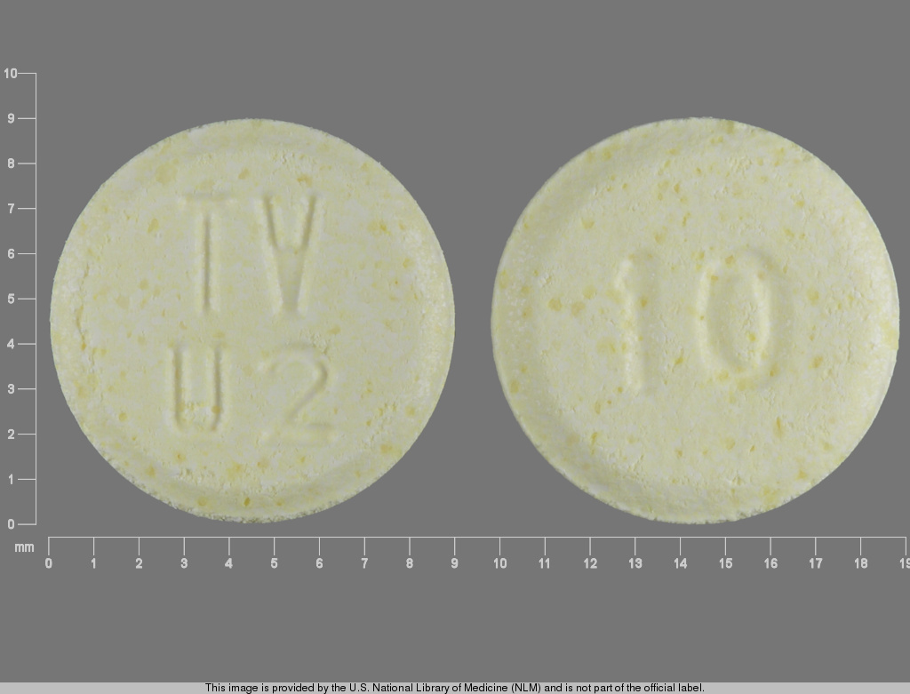 Yellow Round pill with imprint TV;U2;10 — Olanzapine 10 mg (view 2)