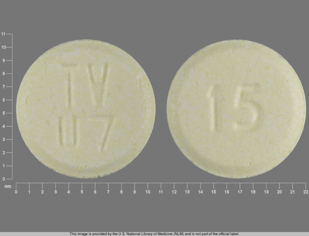 Yellow Round pill with imprint TV;U7;15 — Olanzapine 15 mg (view 2)