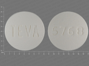 White Round pill with imprint TEVA;5768 — Olanzapine Olanzapine 5 mg; (view 2)