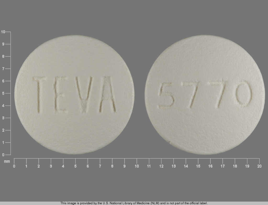 White Round pill with imprint TEVA;5770 — Olanzapine 10 mg (view 2)
