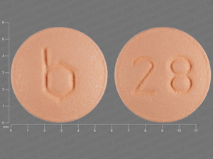 Orange Round pill with imprint b;28 — {7 (ethinyl estradiol/84 (ethinyl estradiol/levonorgestrel 0.01 mg/0.02 mg/0.1 mg (view 2)