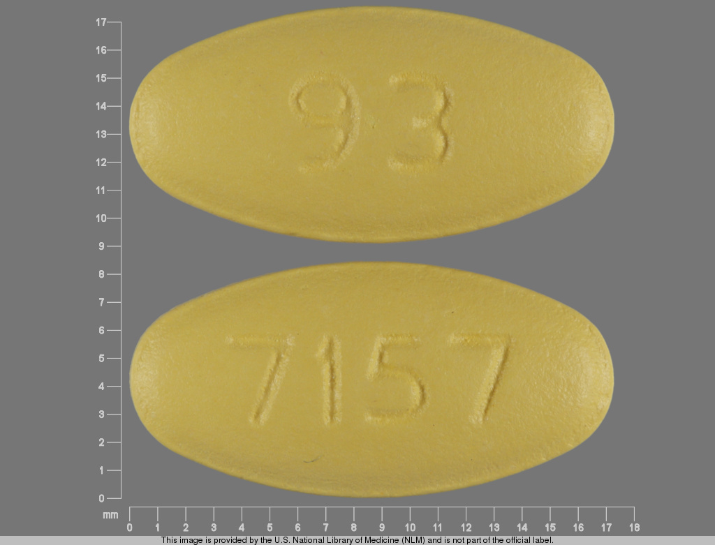 Yellow Oval pill with imprint 93;7157 — Clarithromycin 250 mg (view 2)