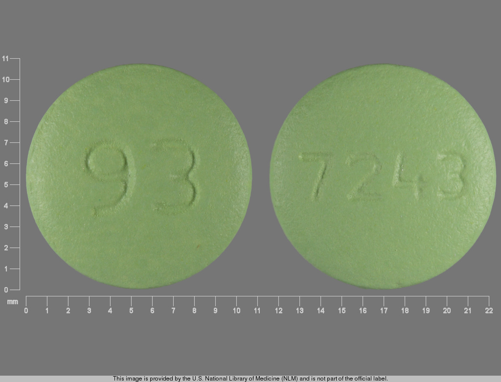 Green Round pill with imprint 93;7243 — Risperidone 4 mg (view 2)