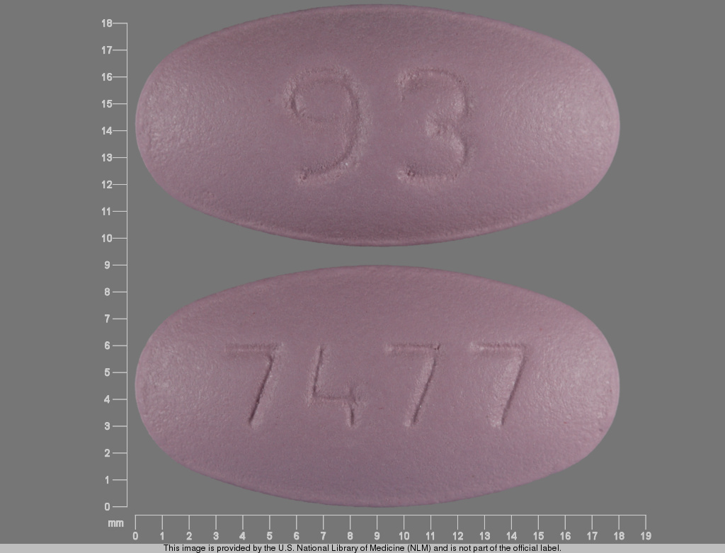 Purple Oval pill with imprint 93;7477 — Mycophenolate mofetil 500 mg (view 2)