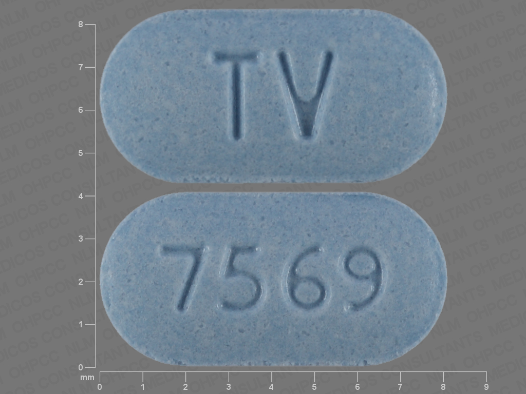Blue Oval pill with imprint TV;7569 — Aripiprazole Aripiprazole 5 mg; (view 2)