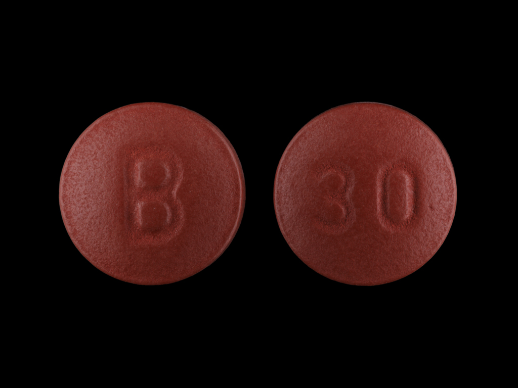 Yellow Round pill with imprint B;30 — Nifedipine 30 mg (view 2)