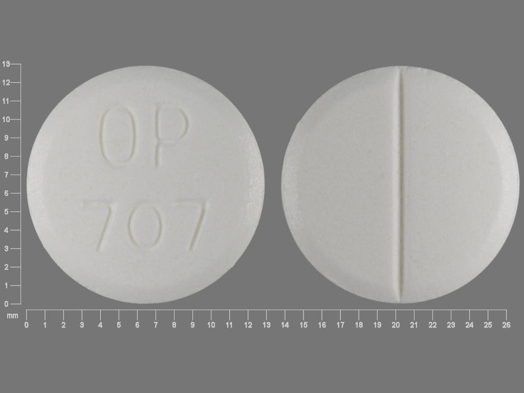 White Round pill with imprint OP;707 — Disulfiram 500 mg (view 2)