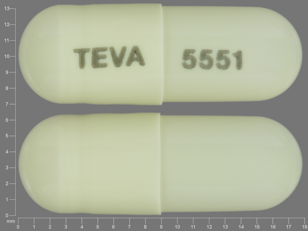 White Capsule pill with imprint TEVA;5551 — Dexmethylphenidate hydrochloride 10 mg (view 2)