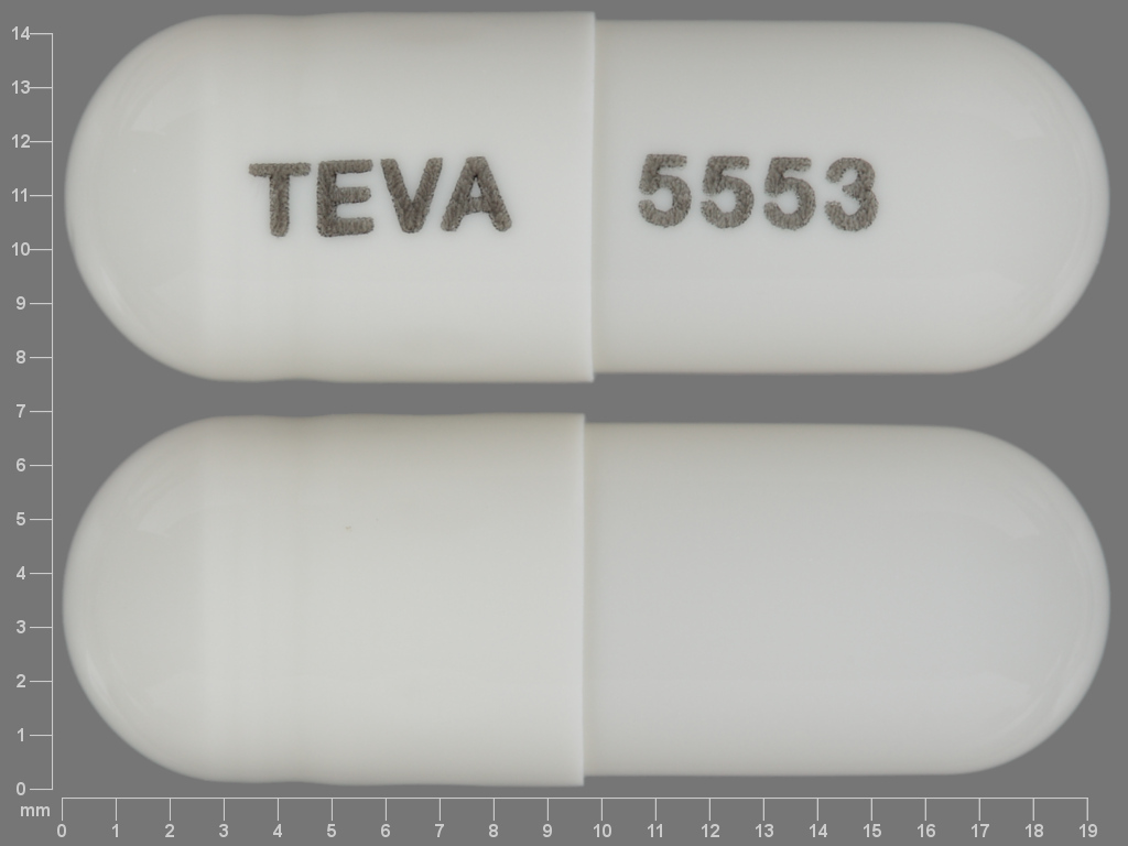 White Capsule pill with imprint TEVA;5553 — Dexmethylphenidate hydrochloride 20 mg (view 2)