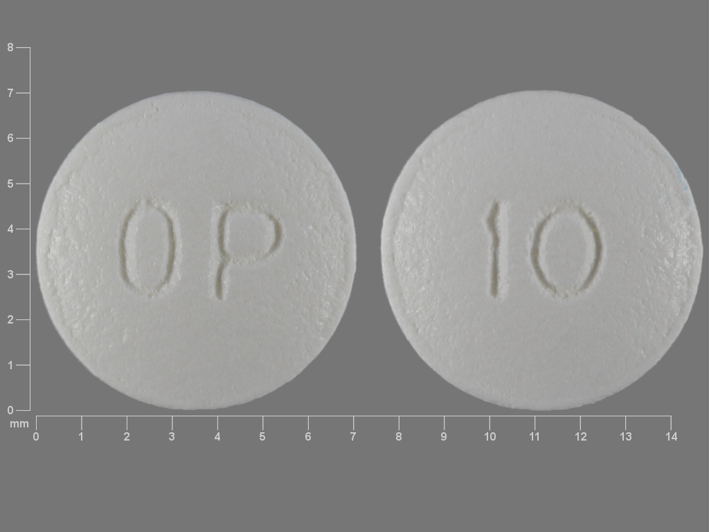 White Round pill with imprint OP;10 — Oxycodone hydrochloride 10 mg (view 2)