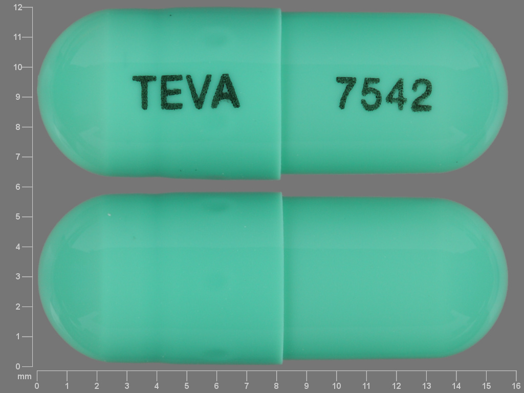 Green Capsule pill with imprint TEVA;7542 — Duloxetine 20 mg (view 2)