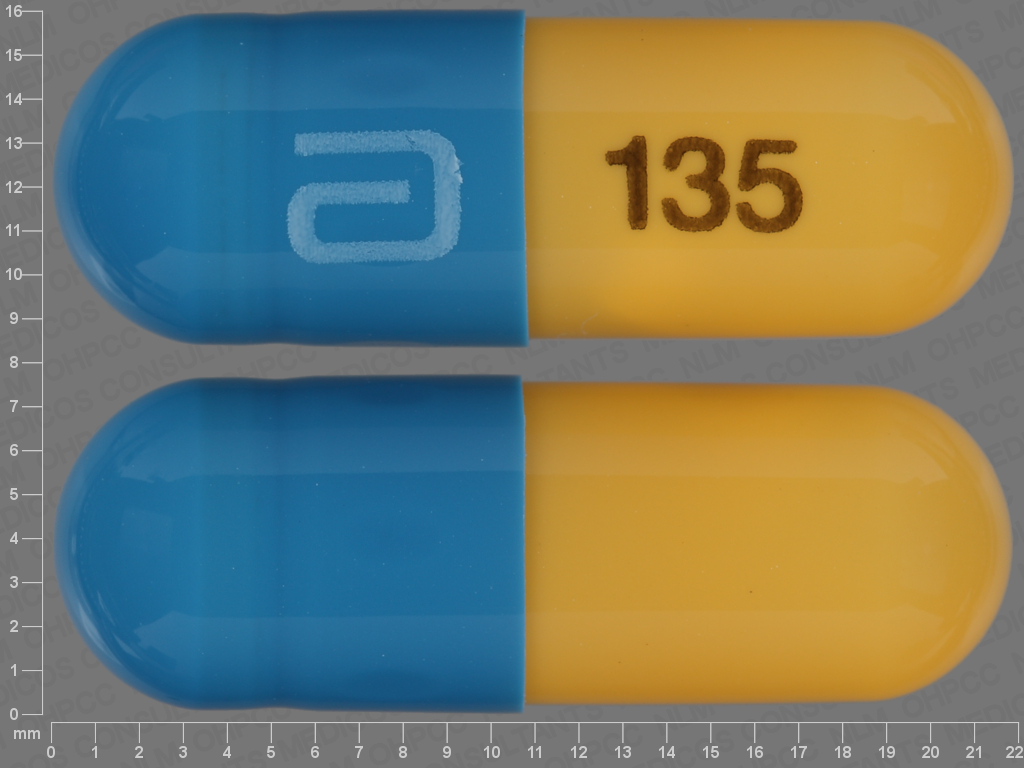 Yellow;blue Capsule pill with imprint 135;a — Fenofibric acid Fenofibric acid 135 mg; (view 2)