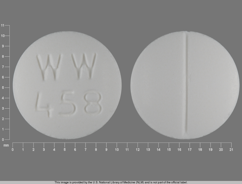 White Round pill with imprint WW;458 — Phenobarbital 100 mg (view 2)