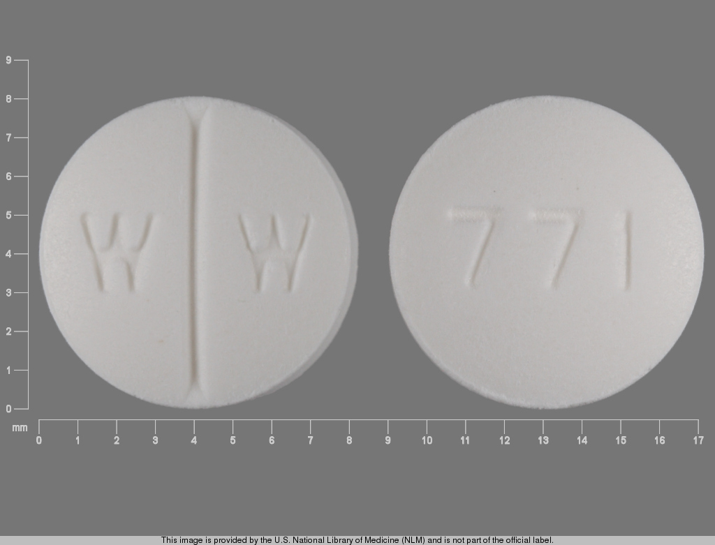 White Round pill with imprint WW;771 — Isosorbide dinitrate Isosorbide dinitrate 10 mg; (view 2)
