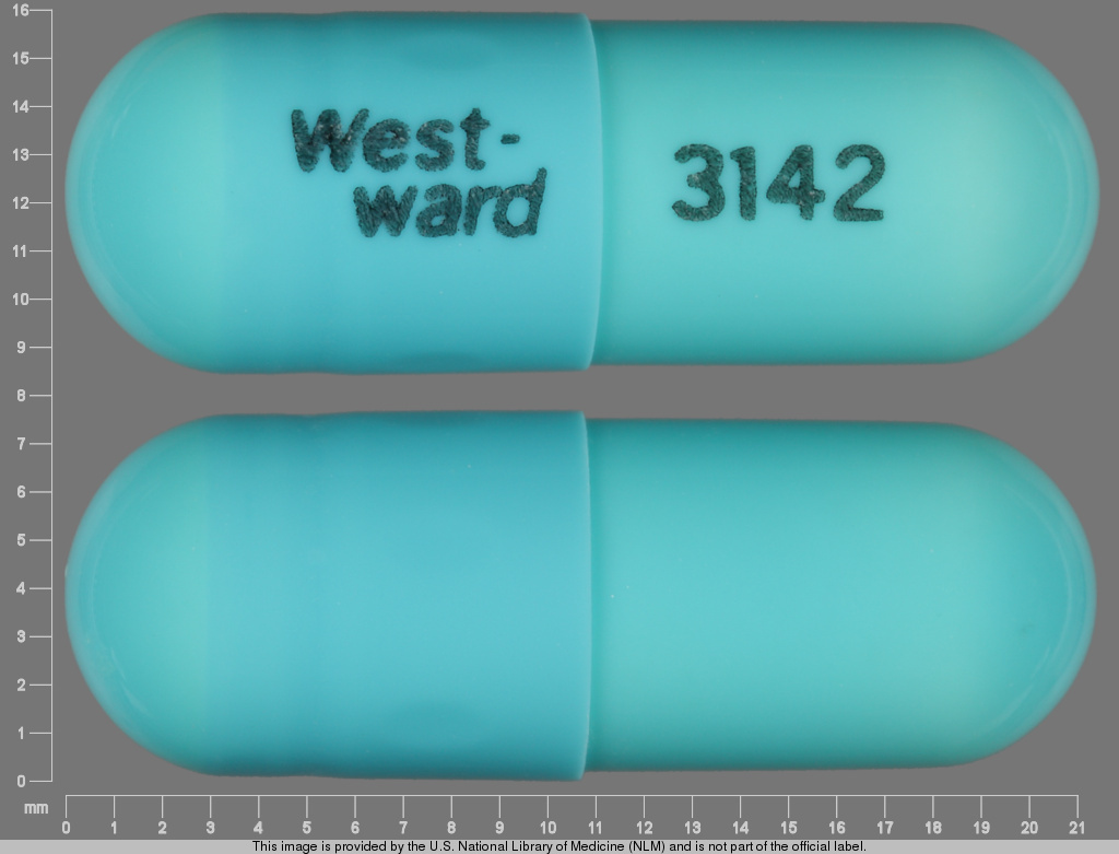 Blue Capsule pill with imprint West;ward;3142 — Doxycycline hyclate Doxycycline hyclate 100 mg; (view 2)