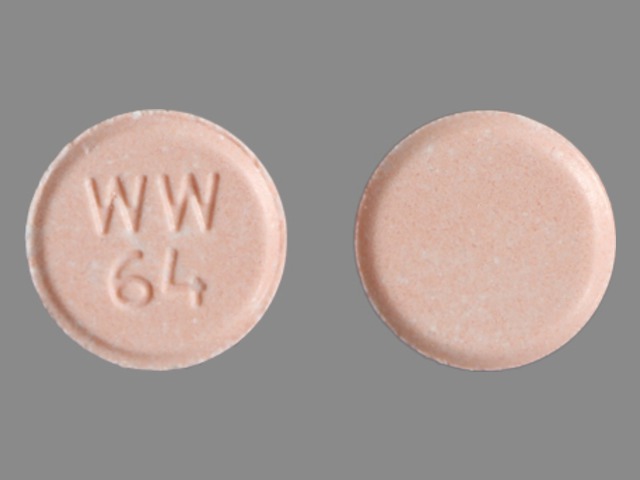 Red Round pill with imprint WW;64 — Lisinopril with hydrochlorothiazide Lisinopril 20 mg;hydrochlorothiazide 25 mg; (view 2)