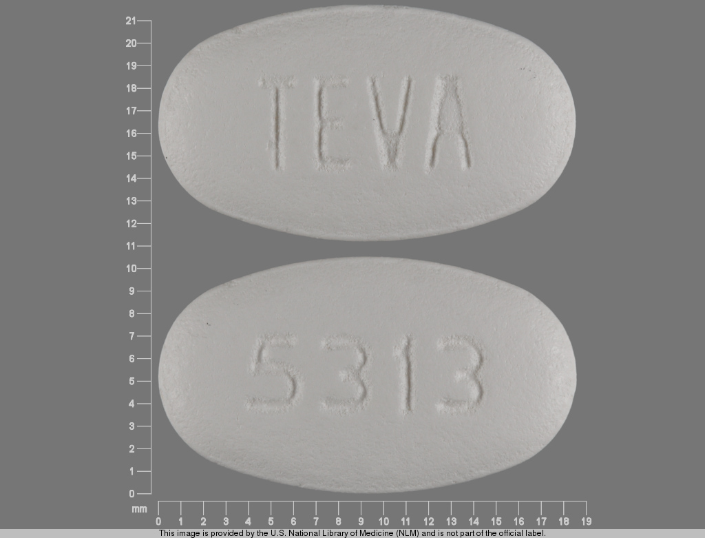 White Oval pill with imprint TEVA;5313 — Ciprofloxacin 750 mg (view 2)