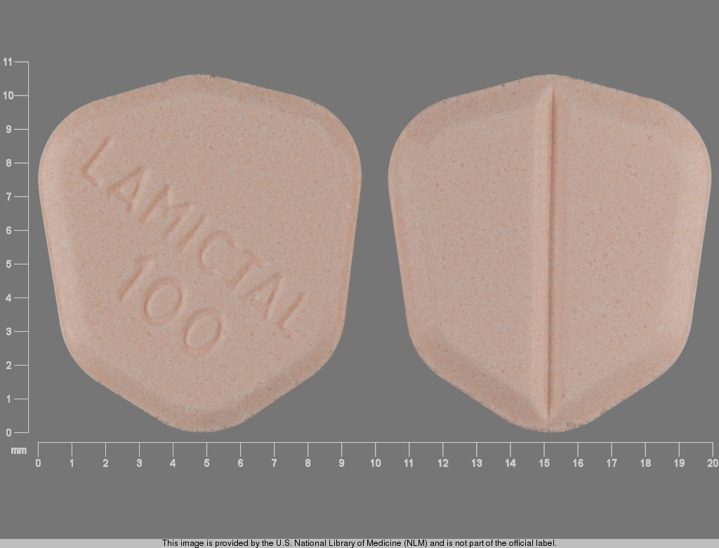 White Round pill with imprint LAMICTAL;100 — Lamictal Lamotrigine 100 mg; (view 2)