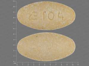 Yellow Oval pill with imprint E104 — Lisinopril Lisinopril 40 mg; (view 3)