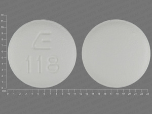 White Round pill with imprint E;118 — Labetalol hydrochloride 300 mg (view 2)