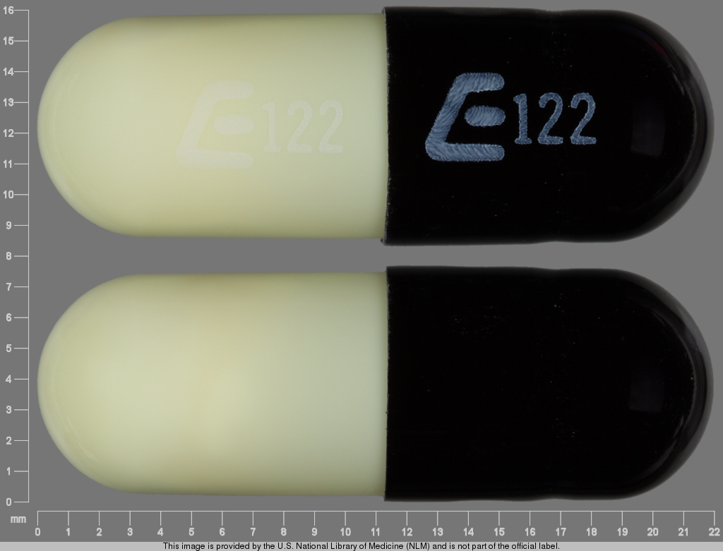 Black;white Capsule pill with imprint E122 — Nitrofurantoin (monohydrate/macrocrystals) Nitrofurantoin monohydrate 75 mg;nitrofurantoin 25 mg; (view 2)