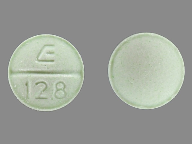 Green Round pill with imprint E;128 — Bumetanide 0.5 mg (view 2)
