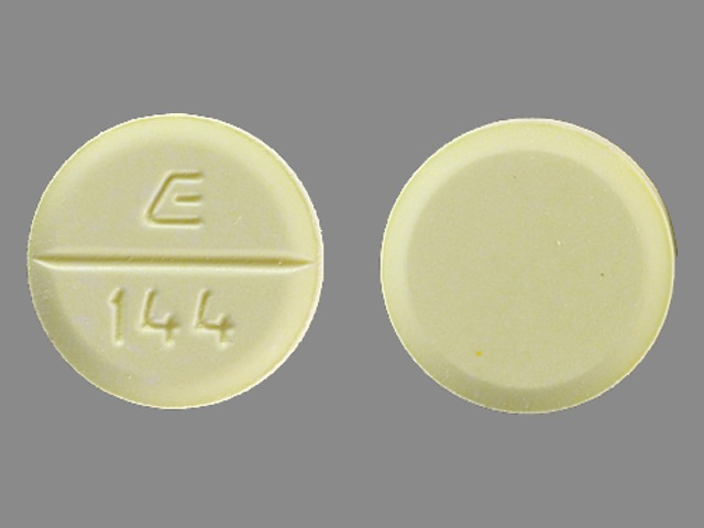 Yellow Round pill with imprint E;144 — Amiodarone hydrochloride 200 mg (view 2)