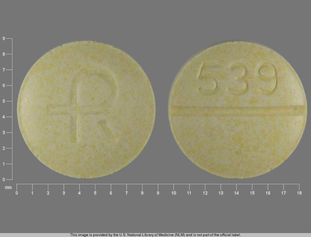 Yellow Round pill with imprint R;539 — Carbidopa and levodopa Carbidopa 25 mg;levodopa 100 mg; (view 3)