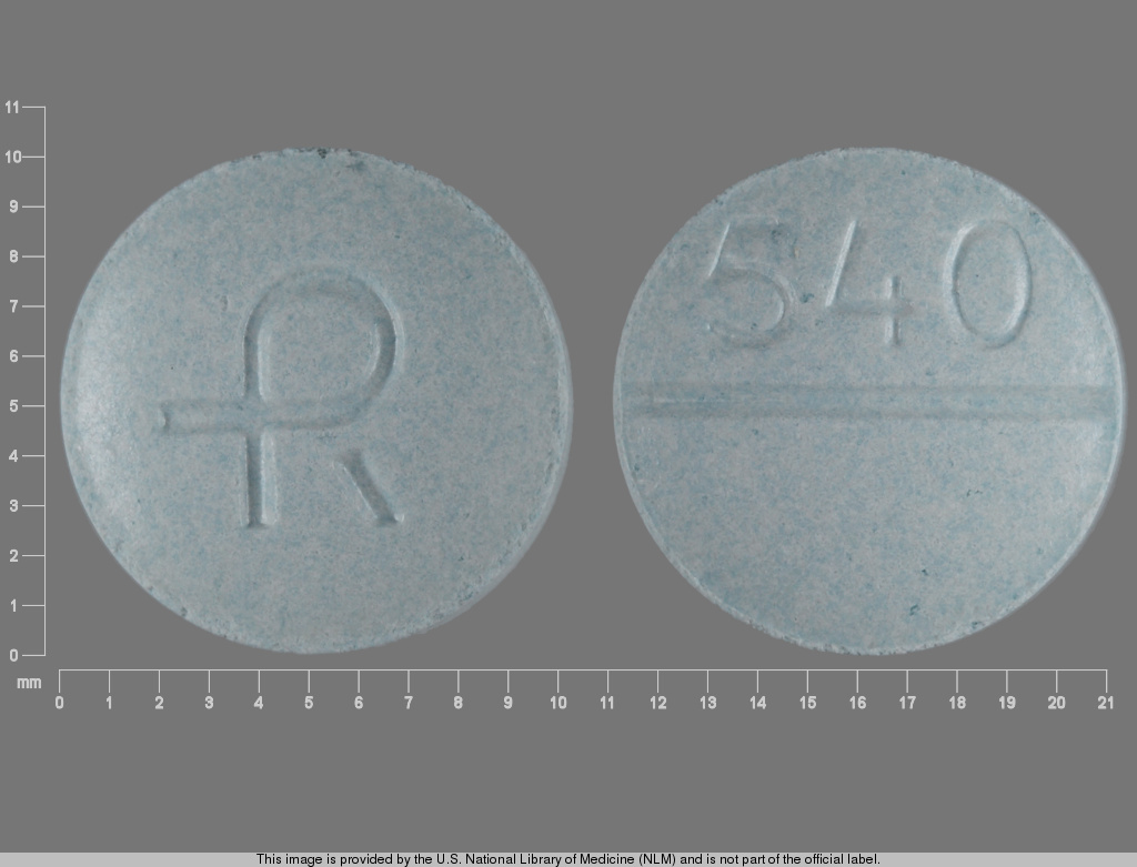 Blue Round pill with imprint R;540 — Carbidopa and levodopa Carbidopa 25 mg;levodopa 250 mg; (view 2)
