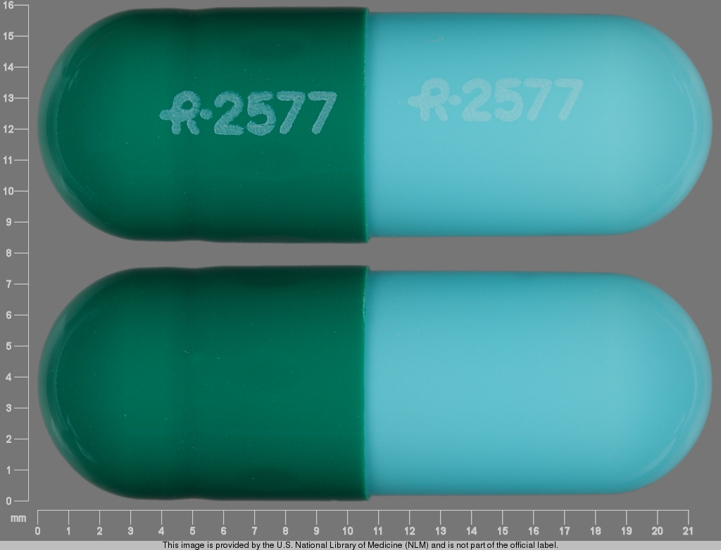 Green;blue Capsule pill with imprint R;2577 — Diltiazem hydrochloride Diltiazem hydrochloride 180 mg; (view 3)
