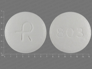 White Round pill with imprint R;803 — Spironolactone Spironolactone 25 mg; (view 3)