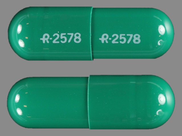 Green Capsule pill with imprint R;2578 — Diltiazem hydrochloride Diltiazem hydrochloride 240 mg; (view 2)